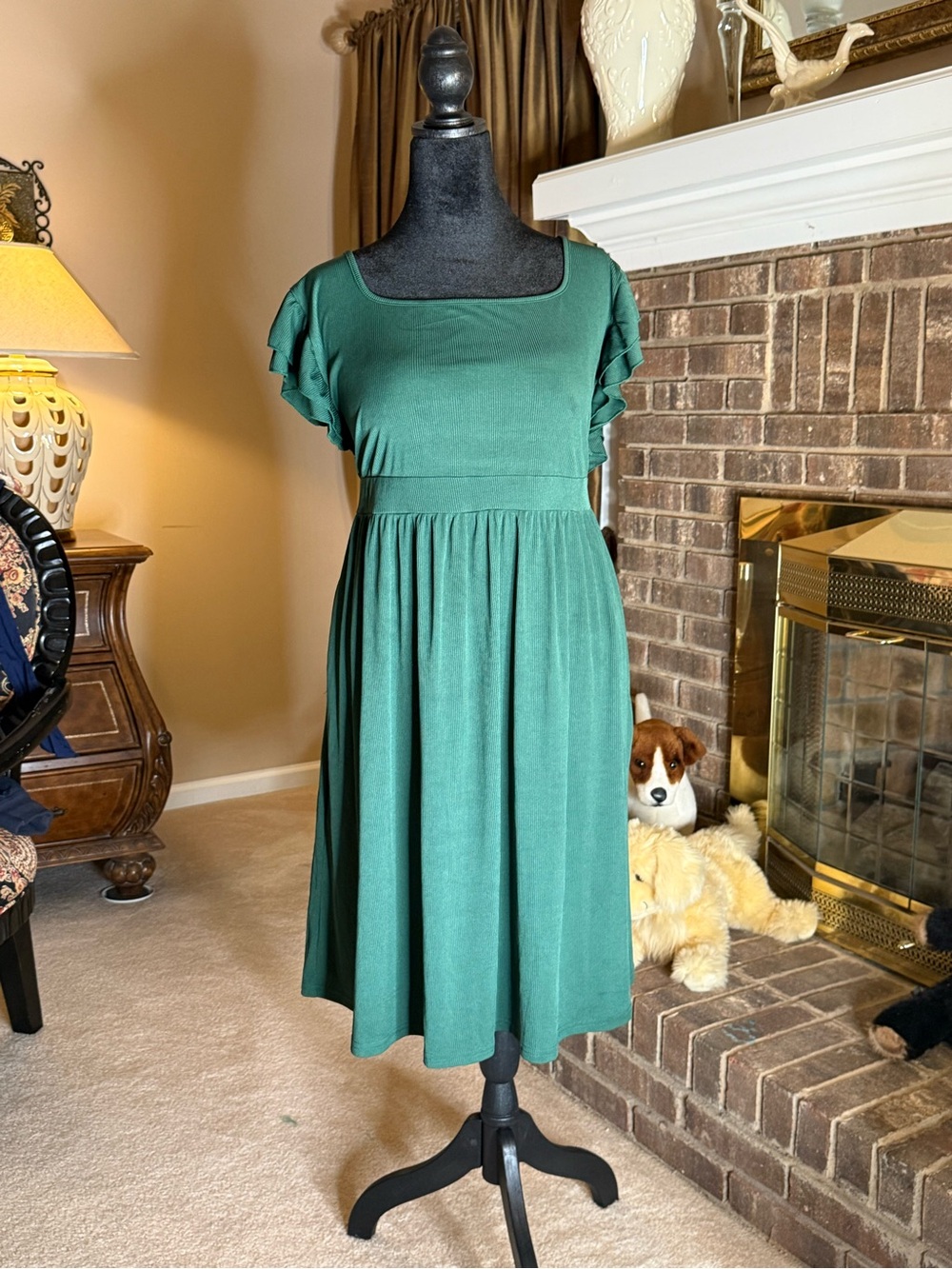 NWT 2XL Emerald Green Flutter Sleeve Midi Dress Cottagecore Romantic